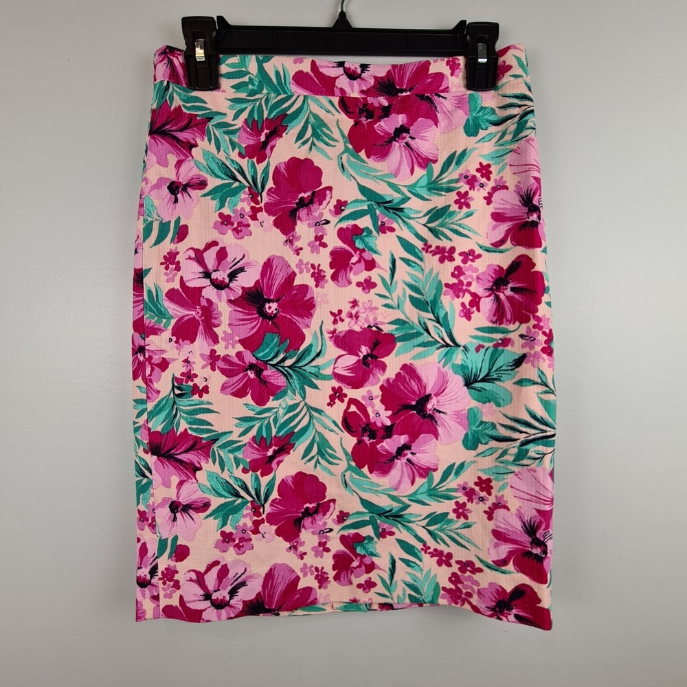 J. Crew Pink and Green Hibiscus Floral Tropical Pencil Skirt Sz 0 Lined Cotton
